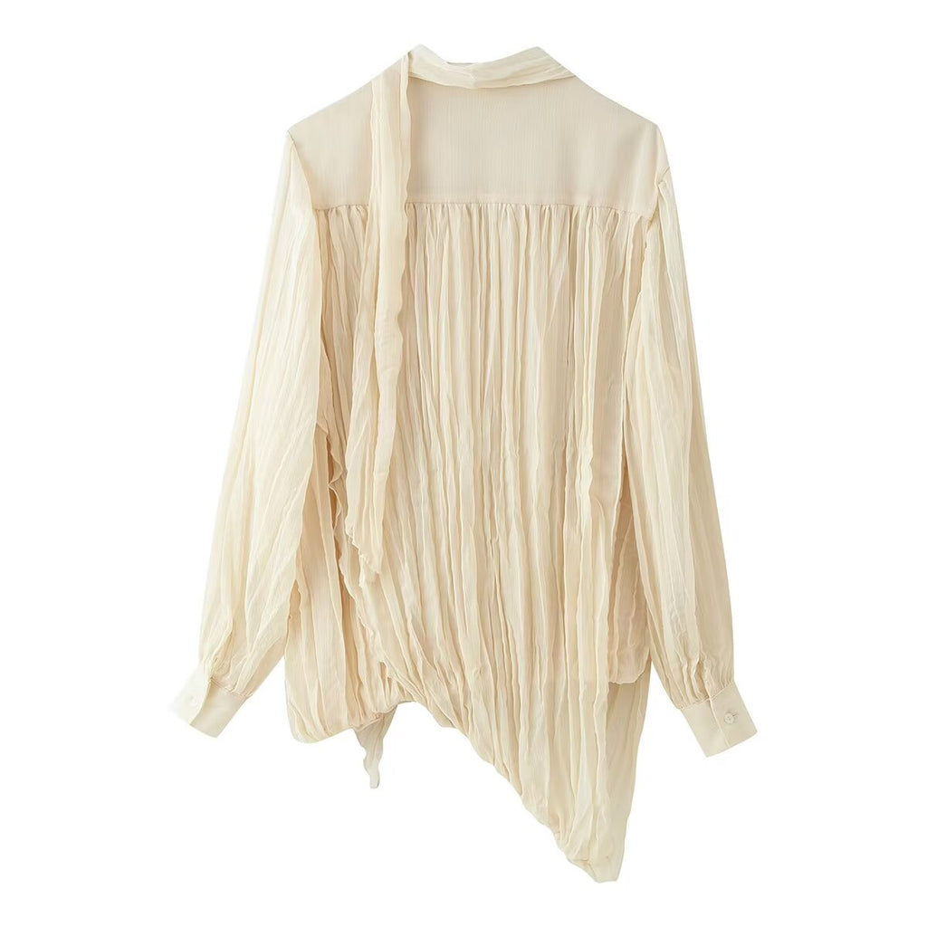 Spring Summer Pleated Asymmetric Blouse