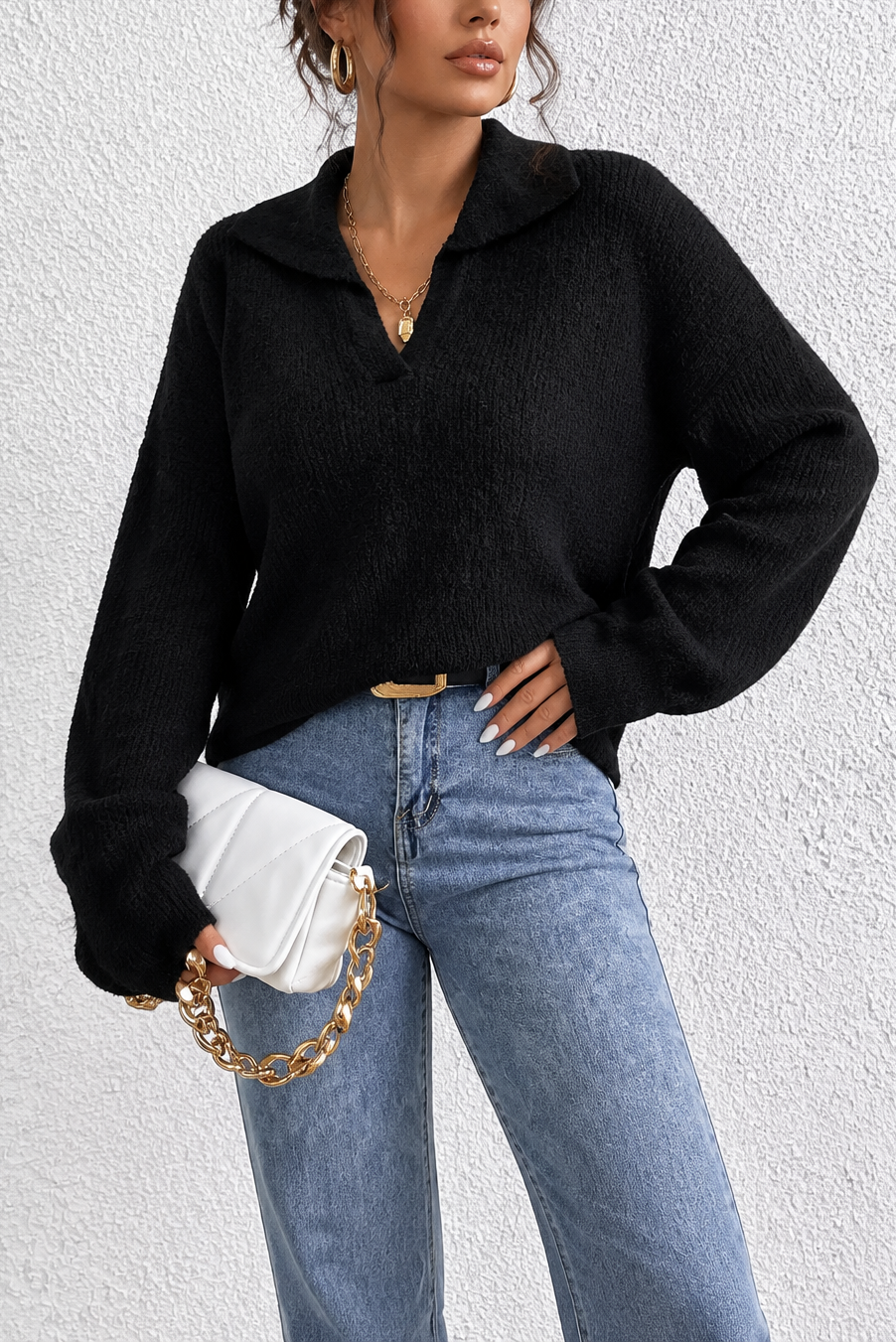 Ribbed Knit Dropped Shoulder Sweater