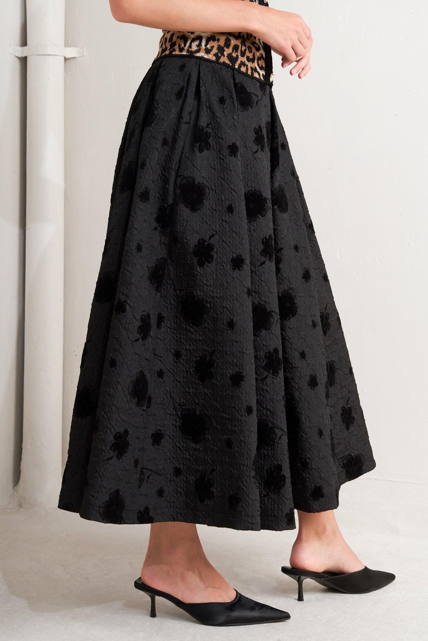 Noir Blooming Romance Woven Full Midi Skirt - Flying Tomato