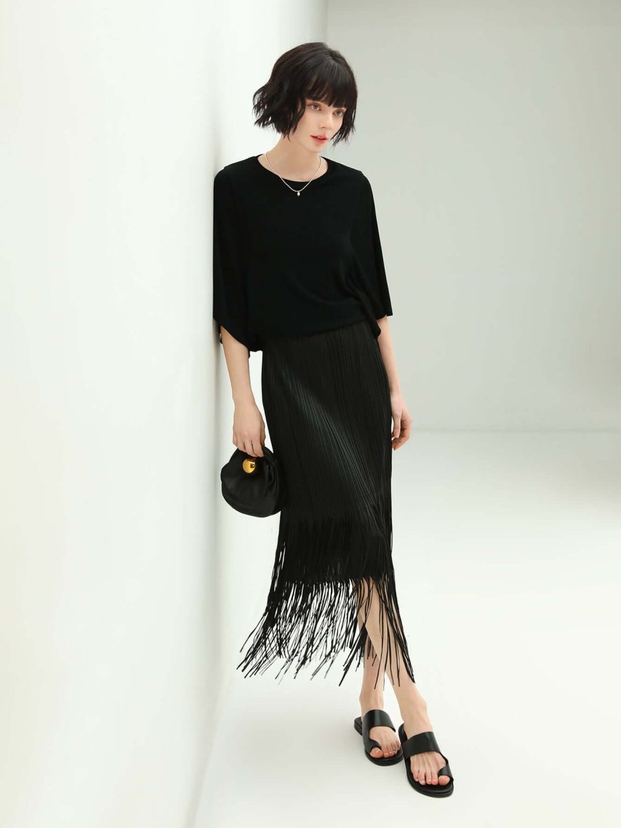 Elegant Black Double-Layered Fringe Pleated Skirt