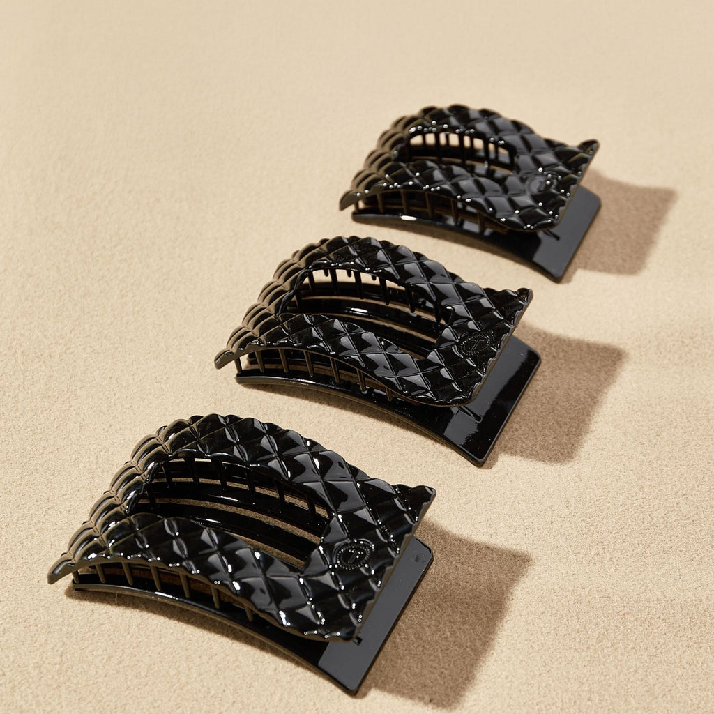 Jet Black Quilted Large Flat Rectangle Hair Clip - TELETIES
