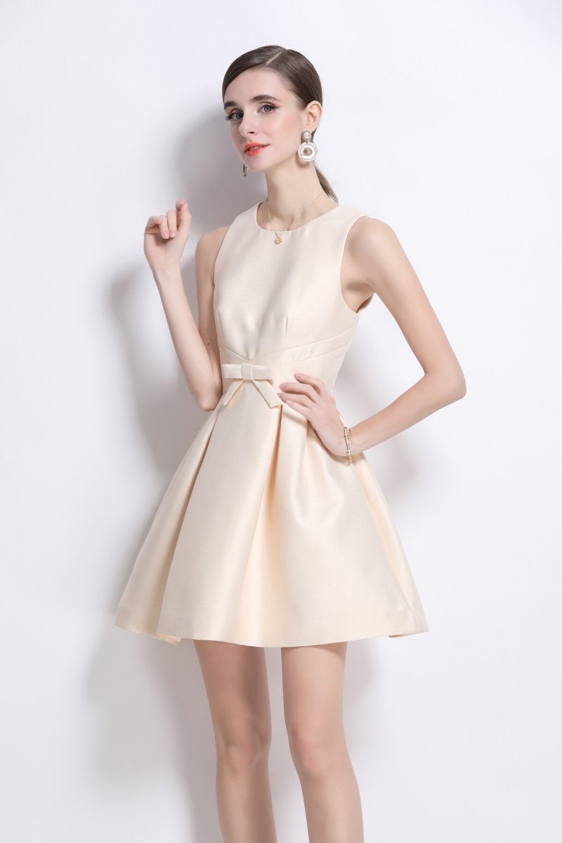 Sleeveless Bow Belt Pleated Dress